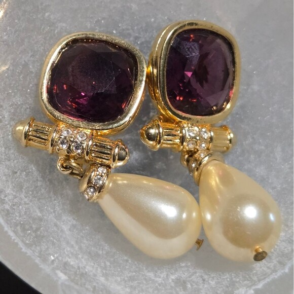 SWAROVSKI 18K GP AMETHYST CRYSTAL RHINESTONE FAUX PEARL DANGLE EARRINGS CLIPON - Picture 4 of 7